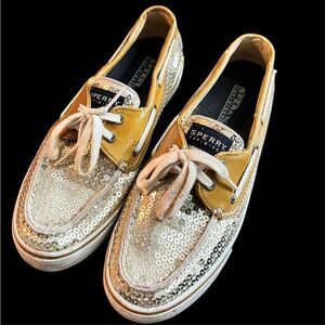 Sperry Topsiders Women’s Gold Sequined Flat Boat Shoes / sz: 8